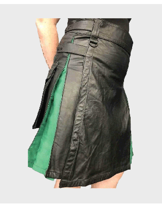 MEN'S BLACK AND GREEN UTILITY HYBRID LEATHER KILT
